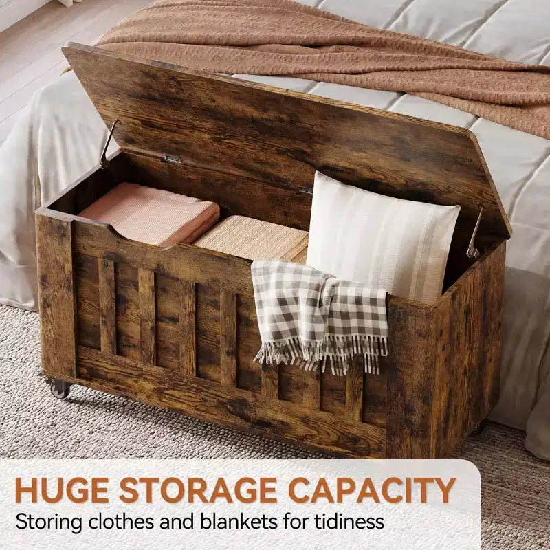 Storage Chest, Wooden Storage Bench with 4 Wheels, 39.4 Storage Trunk with 2 Safety Hinges, Supports 350 Lbs,Round Corner,U-Shape Cutout,for Entryway