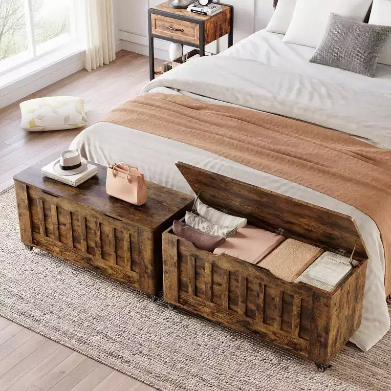 Storage Chest, Wooden Storage Bench with 4 Wheels, 39.4 Storage Trunk with 2 Safety Hinges, Supports 350 Lbs,Round Corner,U-Shape Cutout,for Entryway