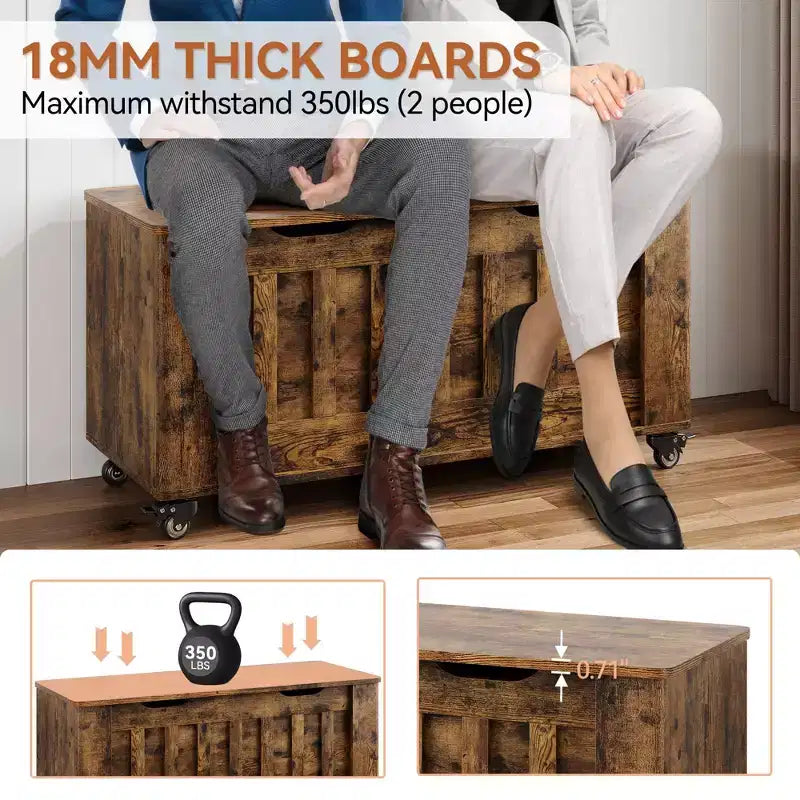 Storage Chest, Wooden Storage Bench with 4 Wheels, 39.4 Storage Trunk with 2 Safety Hinges, Supports 350 Lbs,Round Corner,U-Shape Cutout,for Entryway