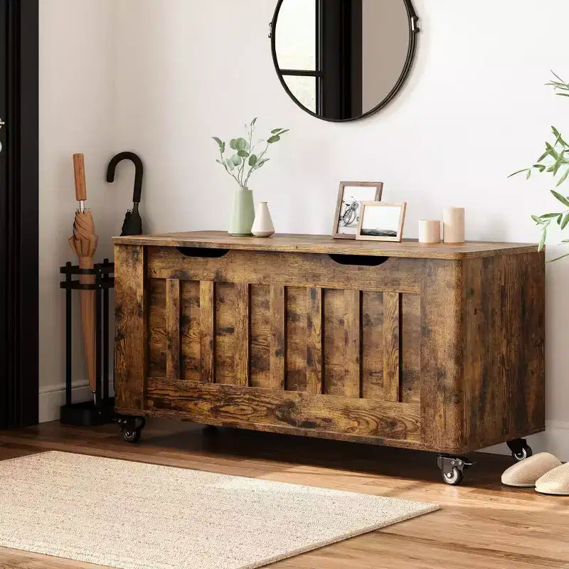 Storage Chest, Wooden Storage Bench with 4 Wheels, 39.4 Storage Trunk with 2 Safety Hinges, Supports 350 Lbs,Round Corner,U-Shape Cutout,for Entryway