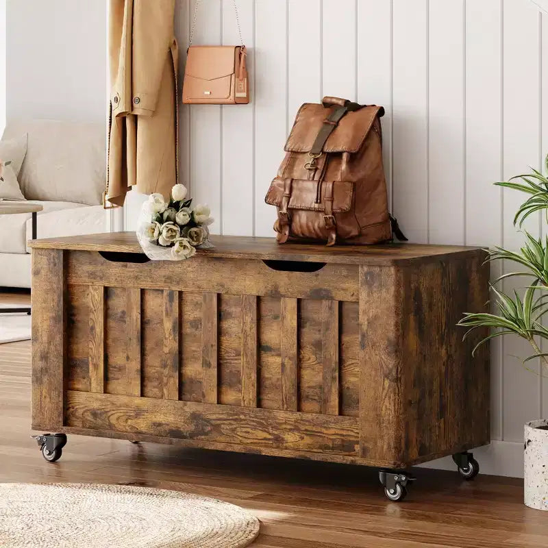 Storage Chest, Wooden Storage Bench with 4 Wheels, 39.4 Storage Trunk with 2 Safety Hinges, Supports 350 Lbs,Round Corner,U-Shape Cutout,for Entryway