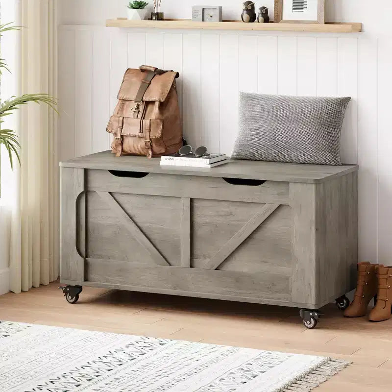 Storage Chest, Wooden Storage Bench with 4 Wheels, 39.4 Storage Trunk with 2 Safety Hinges, Supports 350 Lbs,Round Corner,U-Shape Cutout,for Entryway