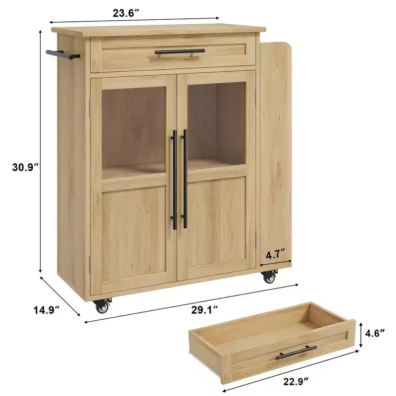 Kitchen Island Cart with Storage, Mobile Rolling Island with Glass Cabinet Doors & Spice Rack for Dining Room & Kitchen, Natural