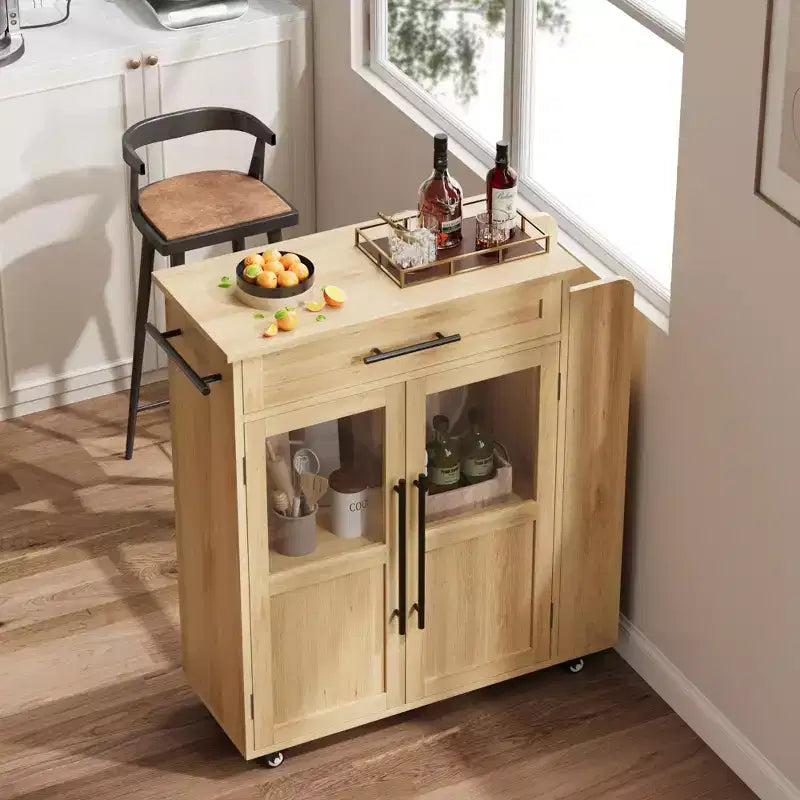 Kitchen Island Cart with Storage, Mobile Rolling Island with Glass Cabinet Doors & Spice Rack for Dining Room & Kitchen, Natural