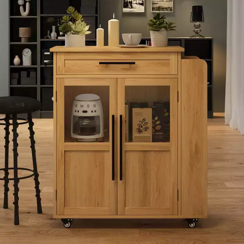 Kitchen Island Cart with Storage, Mobile Rolling Island with Glass Cabinet Doors & Spice Rack for Dining Room & Kitchen, Natural