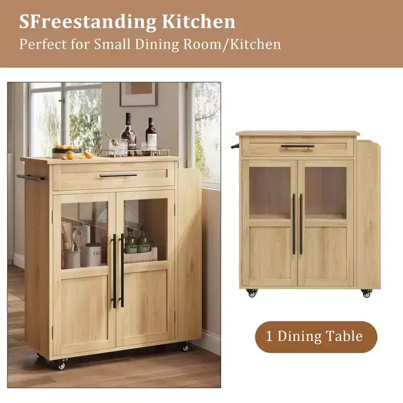 Kitchen Island Cart with Storage, Mobile Rolling Island with Glass Cabinet Doors & Spice Rack for Dining Room & Kitchen, Natural