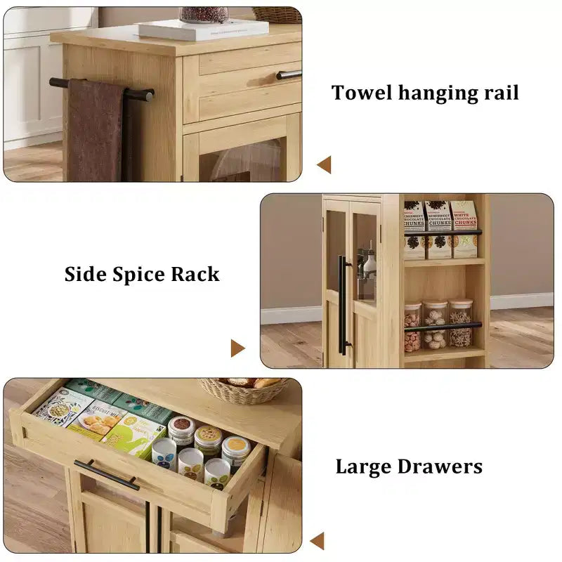 Kitchen Island Cart with Storage, Mobile Rolling Island with Glass Cabinet Doors & Spice Rack for Dining Room & Kitchen, Natural