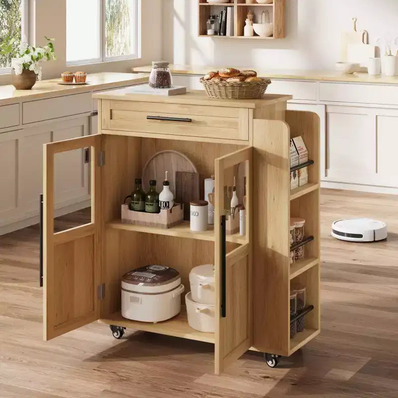 Kitchen Island Cart with Storage, Mobile Rolling Island with Glass Cabinet Doors & Spice Rack for Dining Room & Kitchen, Natural