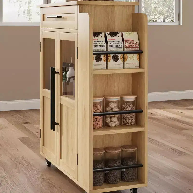 Kitchen Island Cart with Storage, Mobile Rolling Island with Glass Cabinet Doors & Spice Rack for Dining Room & Kitchen, Natural