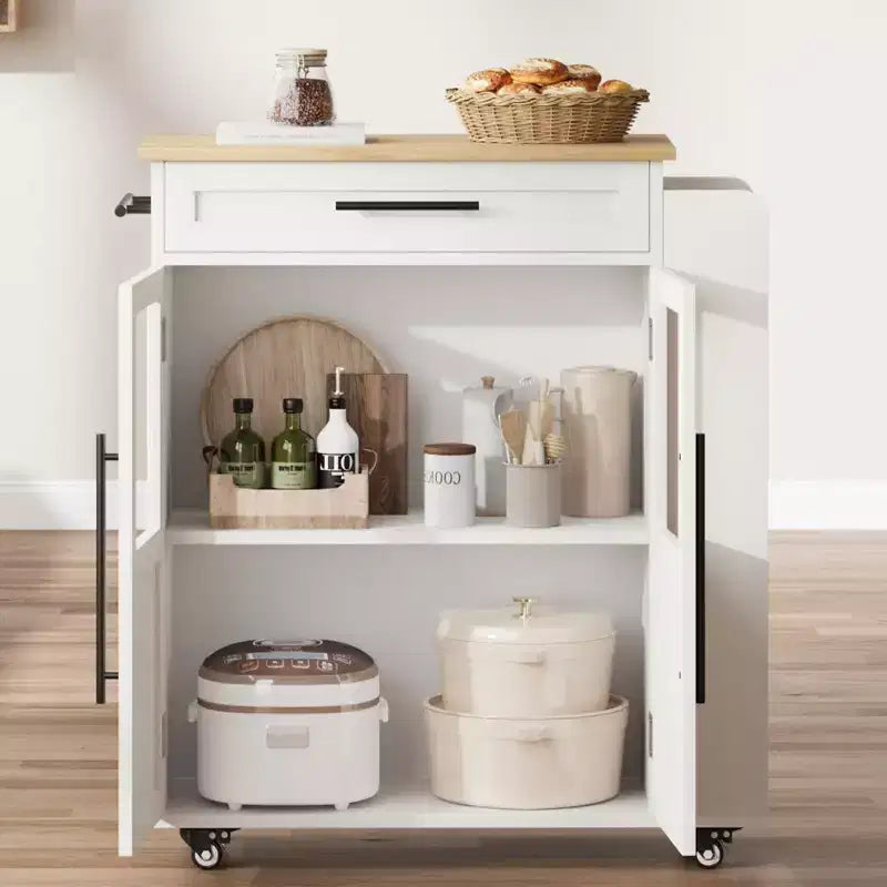 Kitchen Island Cart with Storage, Mobile Rolling Island with Glass Cabinet Doors & Spice Rack for Dining Room & Kitchen, Natural