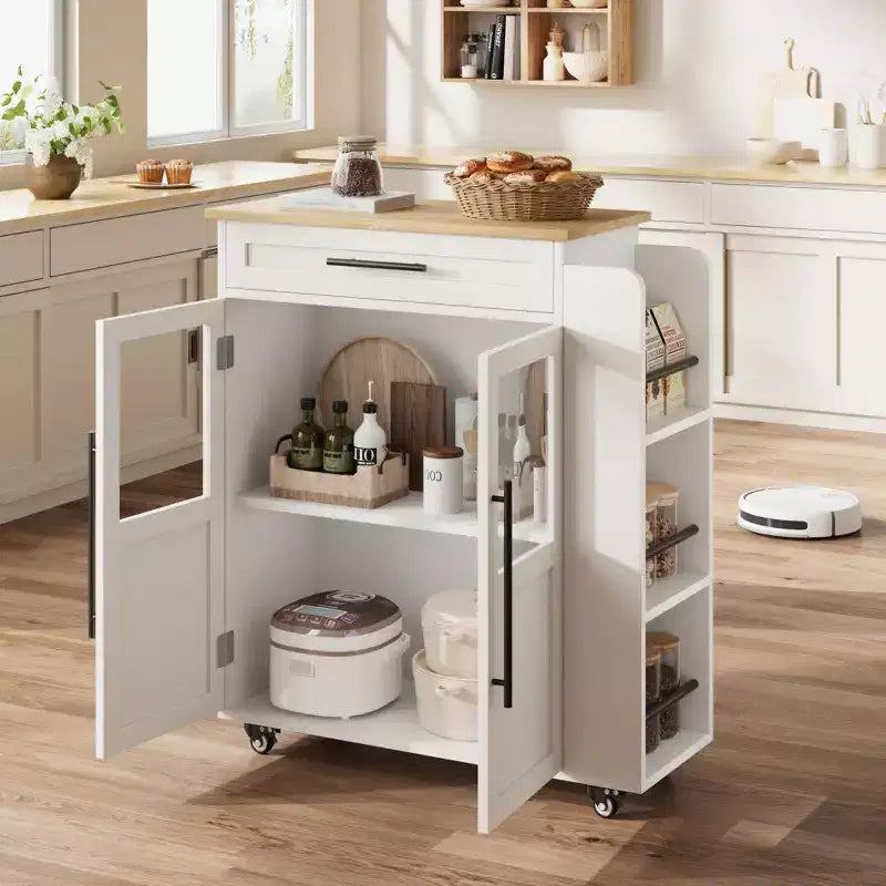 Kitchen Island Cart with Storage, Mobile Rolling Island with Glass Cabinet Doors & Spice Rack for Dining Room & Kitchen, Natural