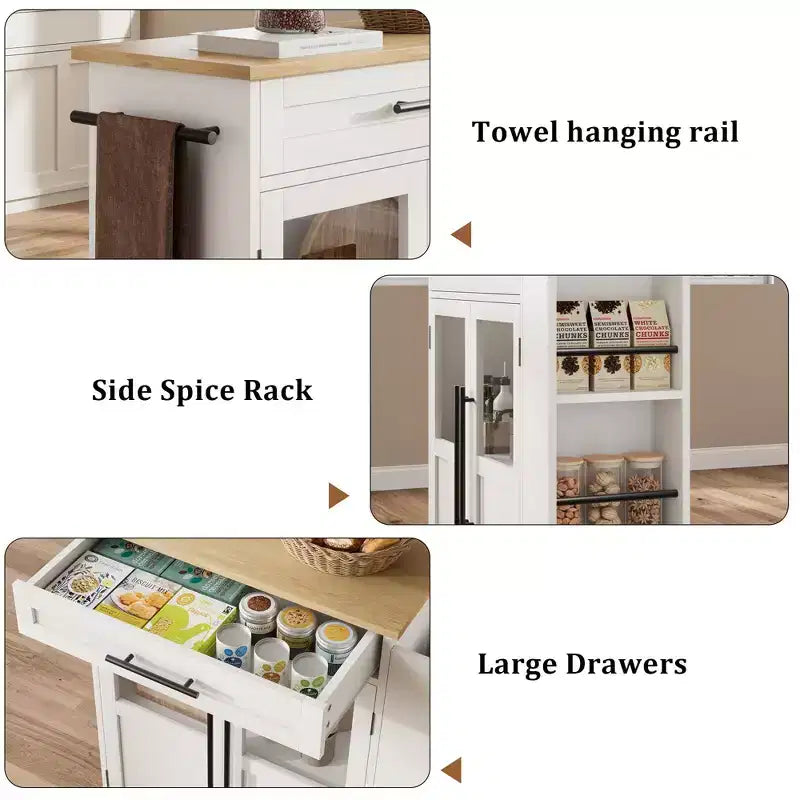 Kitchen Island Cart with Storage, Mobile Rolling Island with Glass Cabinet Doors & Spice Rack for Dining Room & Kitchen, Natural