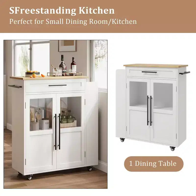 Kitchen Island Cart with Storage, Mobile Rolling Island with Glass Cabinet Doors & Spice Rack for Dining Room & Kitchen, Natural