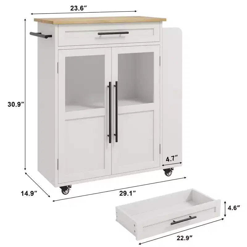 Kitchen Island Cart with Storage, Mobile Rolling Island with Glass Cabinet Doors & Spice Rack for Dining Room & Kitchen, Natural