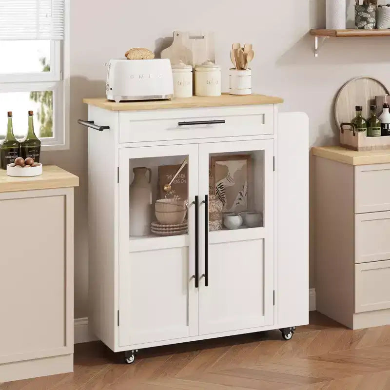 Kitchen Island Cart with Storage, Mobile Rolling Island with Glass Cabinet Doors & Spice Rack for Dining Room & Kitchen, Natural