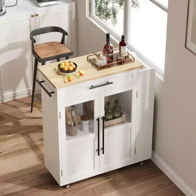 Kitchen Island Cart with Storage, Mobile Rolling Island with Glass Cabinet Doors & Spice Rack for Dining Room & Kitchen, Natural