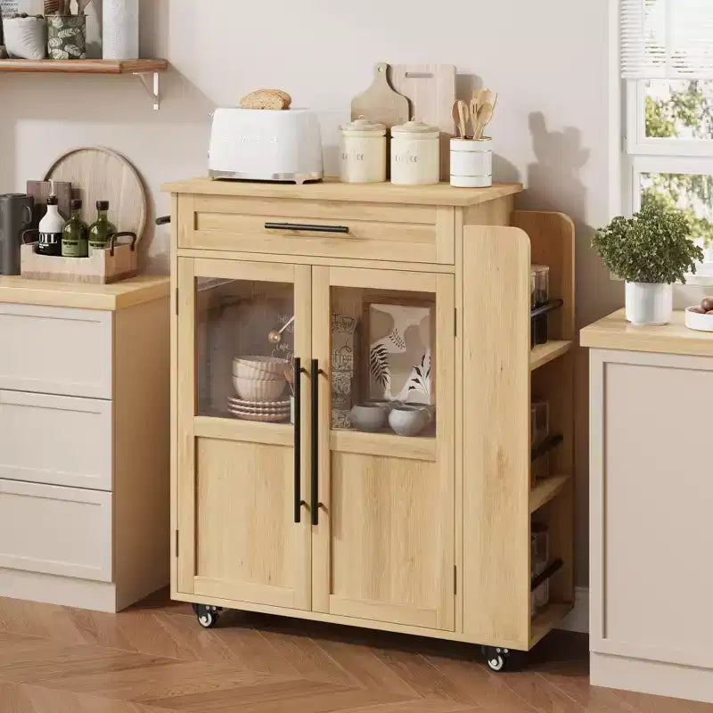 Kitchen Island Cart with Storage, Mobile Rolling Island with Glass Cabinet Doors & Spice Rack for Dining Room & Kitchen, Natural