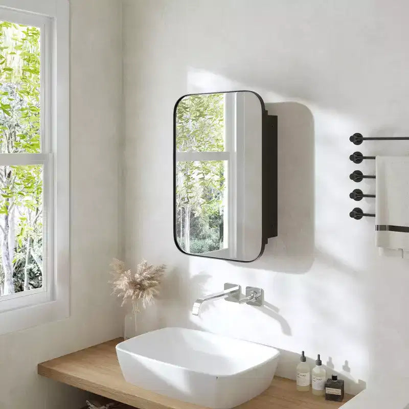 PexFix 24 x 16 Bathroom Cabinet with Mirror Stainless Steel Frame and 2 Adjustable Shelves Wall Medicine Cabinets Mirrors Rectangle Recessed Black