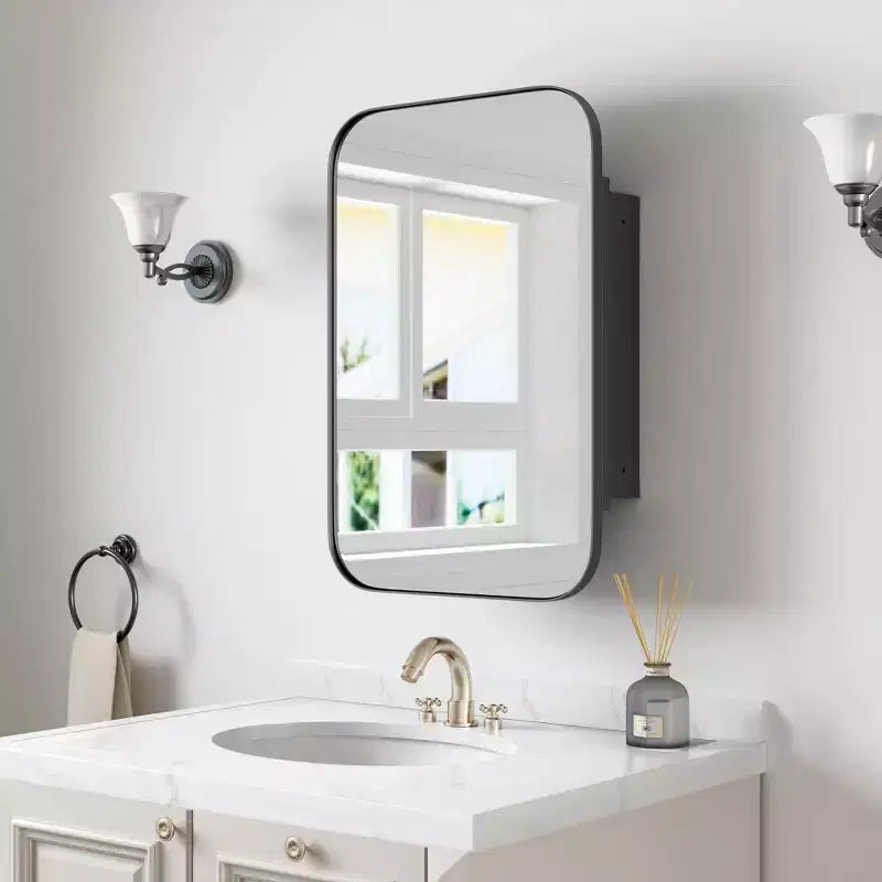 PexFix 24 x 16 Bathroom Cabinet with Mirror Stainless Steel Frame and 2 Adjustable Shelves Wall Medicine Cabinets Mirrors Rectangle Recessed Black