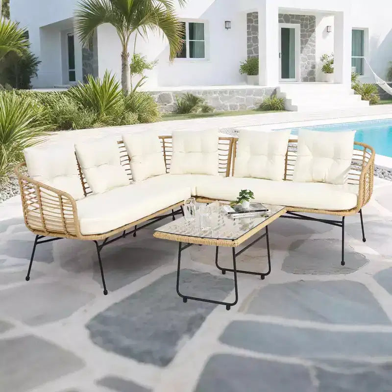 Outdoor Wicker Sofa Conversation Set - 4-Piece L-Shaped Sectional w/ Detachable Lounger & Glass Table, 500lb Capacity