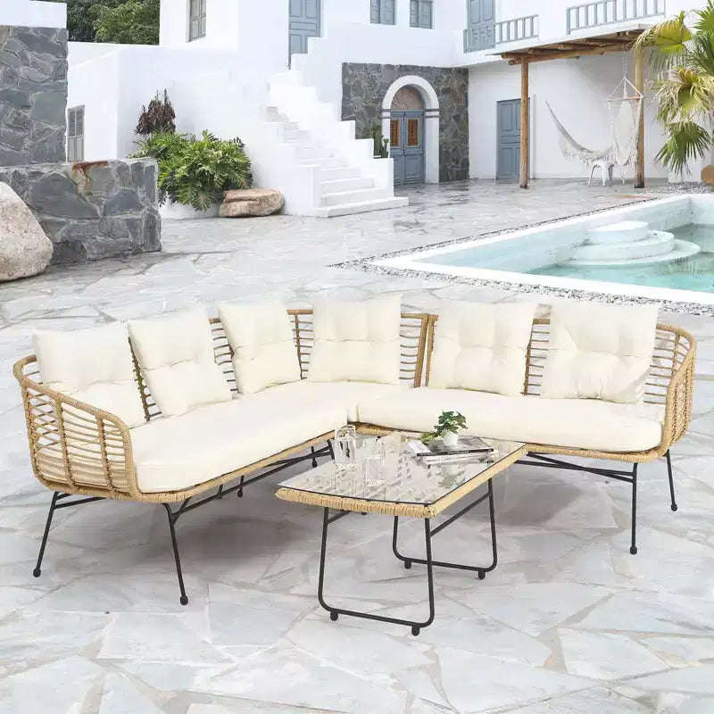Outdoor Wicker Sofa Conversation Set - 4-Piece L-Shaped Sectional w/ Detachable Lounger & Glass Table, 500lb Capacity