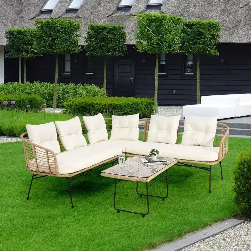 Outdoor Wicker Sofa Conversation Set - 4-Piece L-Shaped Sectional w/ Detachable Lounger & Glass Table, 500lb Capacity
