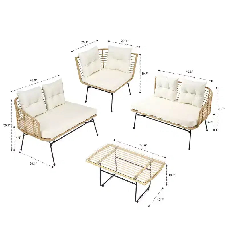 Outdoor Wicker Sofa Conversation Set - 4-Piece L-Shaped Sectional w/ Detachable Lounger & Glass Table, 500lb Capacity
