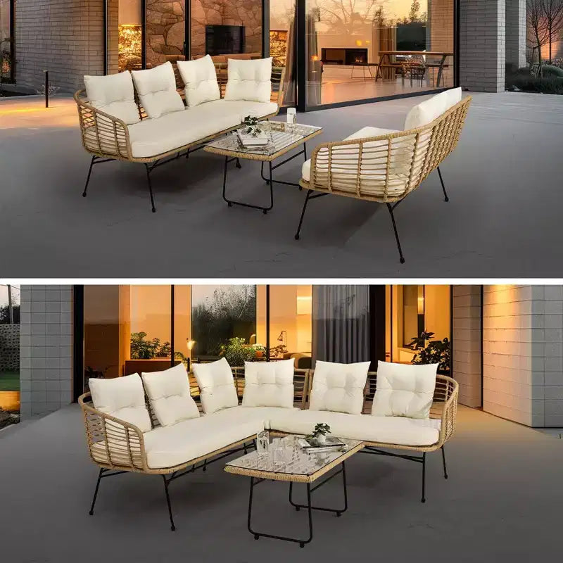 Outdoor Wicker Sofa Conversation Set - 4-Piece L-Shaped Sectional w/ Detachable Lounger & Glass Table, 500lb Capacity