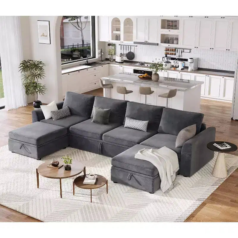 Acekool Chenille Modular Sectional Sleeper Sofa with Pull Out Bed, Storage Seats & 2 Ottomans, Convertible Couch for Living Room, Removable Covers