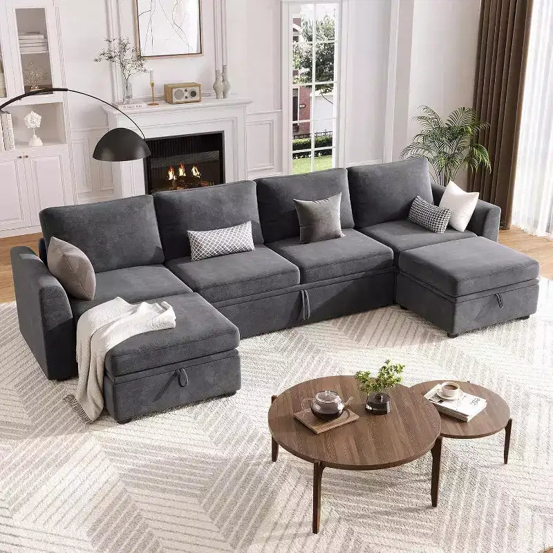 Acekool Chenille Modular Sectional Sleeper Sofa with Pull Out Bed, Storage Seats & 2 Ottomans, Convertible Couch for Living Room, Removable Covers