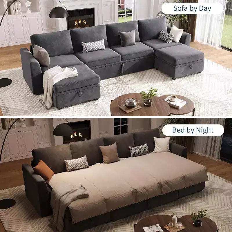Acekool Chenille Modular Sectional Sleeper Sofa with Pull Out Bed, Storage Seats & 2 Ottomans, Convertible Couch for Living Room, Removable Covers