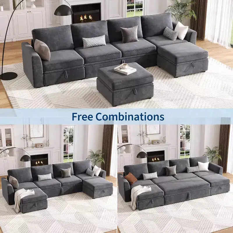 Acekool Chenille Modular Sectional Sleeper Sofa with Pull Out Bed, Storage Seats & 2 Ottomans, Convertible Couch for Living Room, Removable Covers