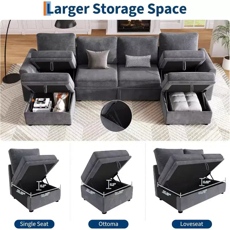 Acekool Chenille Modular Sectional Sleeper Sofa with Pull Out Bed, Storage Seats & 2 Ottomans, Convertible Couch for Living Room, Removable Covers