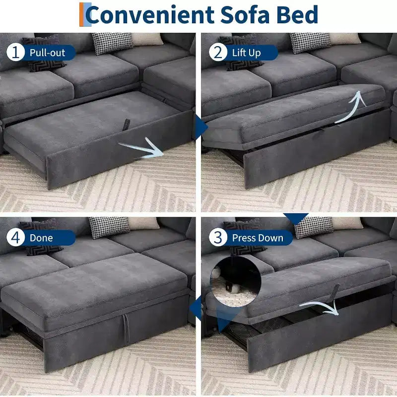 Acekool Chenille Modular Sectional Sleeper Sofa with Pull Out Bed, Storage Seats & 2 Ottomans, Convertible Couch for Living Room, Removable Covers