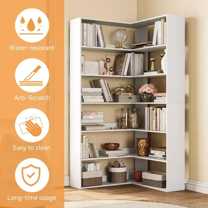 71 Tall Farmhouse 6-Tier L-Shaped Corner Bookshelf, Wooden Modern Bookcase with Open Storage for Living Room & Office