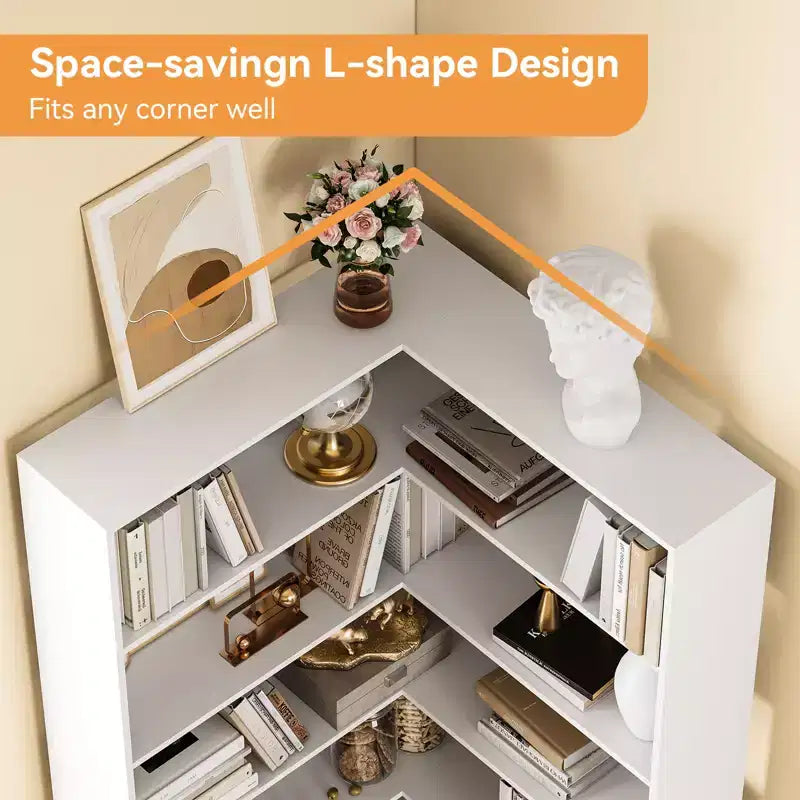 71 Tall Farmhouse 6-Tier L-Shaped Corner Bookshelf, Wooden Modern Bookcase with Open Storage for Living Room & Office