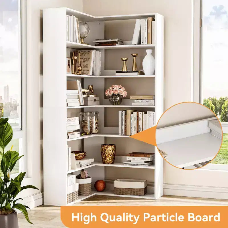 71 Tall Farmhouse 6-Tier L-Shaped Corner Bookshelf, Wooden Modern Bookcase with Open Storage for Living Room & Office