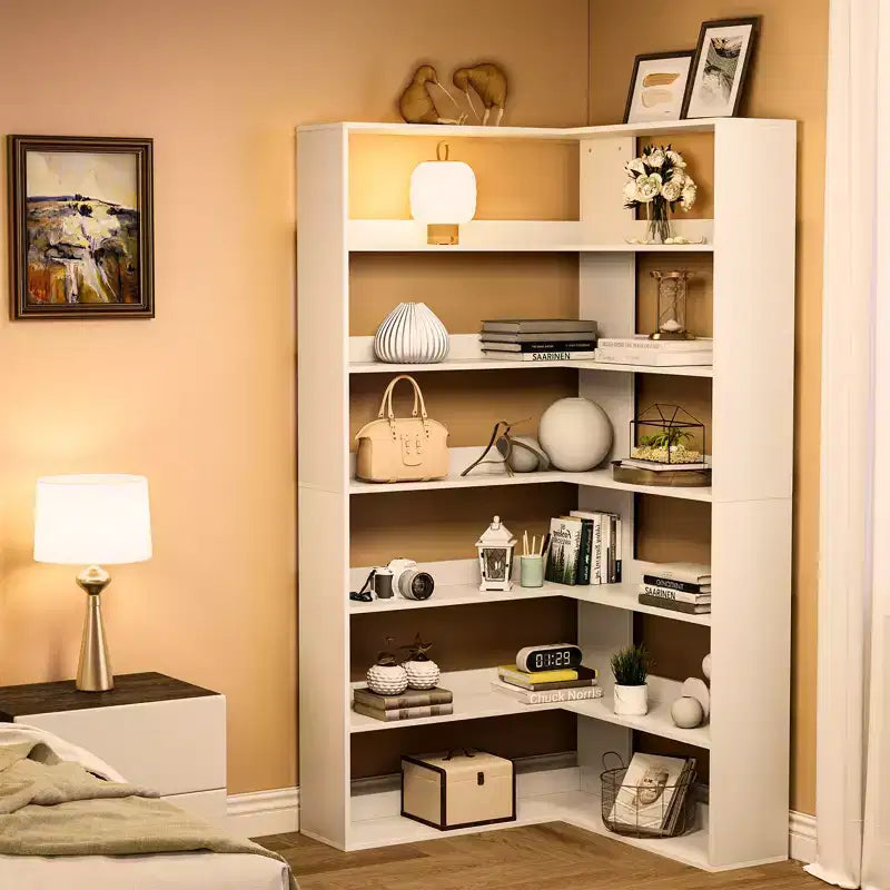 71 Tall Farmhouse 6-Tier L-Shaped Corner Bookshelf, Wooden Modern Bookcase with Open Storage for Living Room & Office
