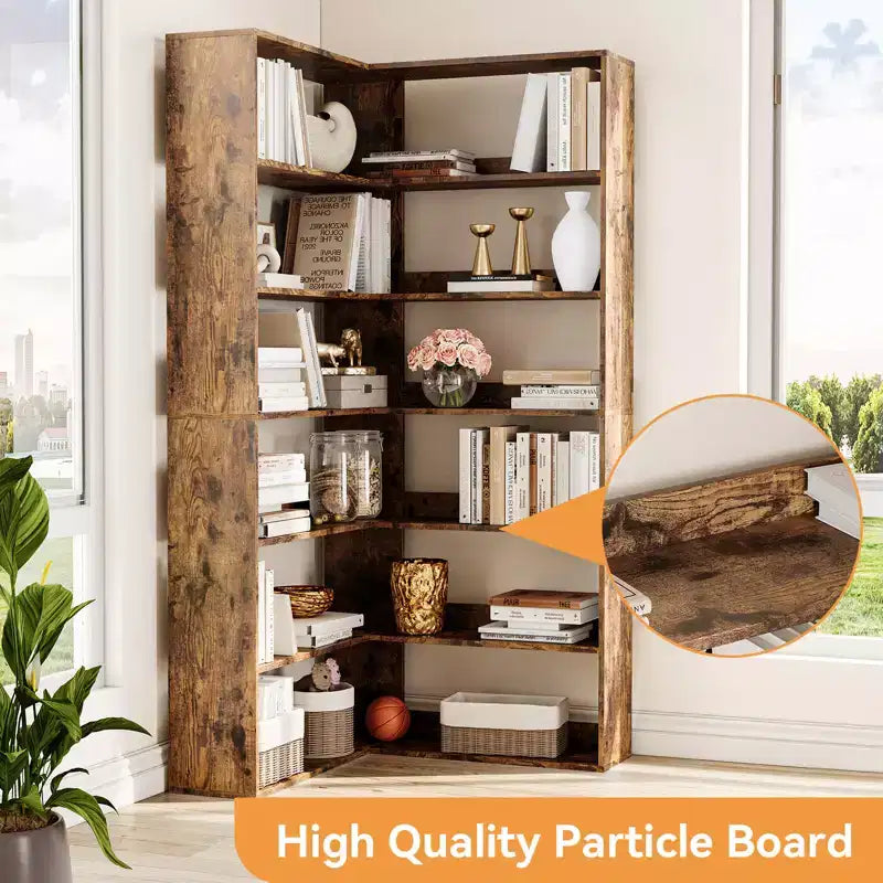 71 Tall Farmhouse 6-Tier L-Shaped Corner Bookshelf, Wooden Modern Bookcase with Open Storage for Living Room & Office