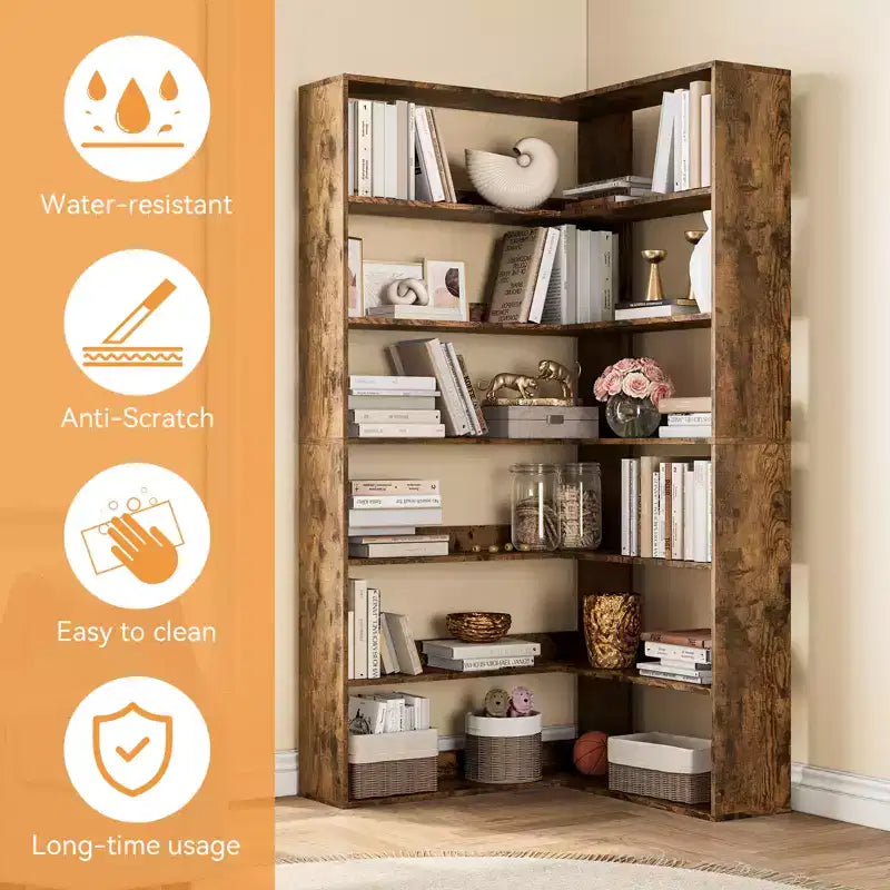 71 Tall Farmhouse 6-Tier L-Shaped Corner Bookshelf, Wooden Modern Bookcase with Open Storage for Living Room & Office