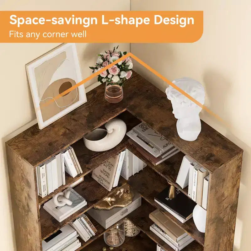 71 Tall Farmhouse 6-Tier L-Shaped Corner Bookshelf, Wooden Modern Bookcase with Open Storage for Living Room & Office