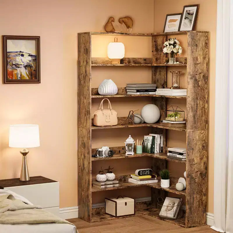 71 Tall Farmhouse 6-Tier L-Shaped Corner Bookshelf, Wooden Modern Bookcase with Open Storage for Living Room & Office