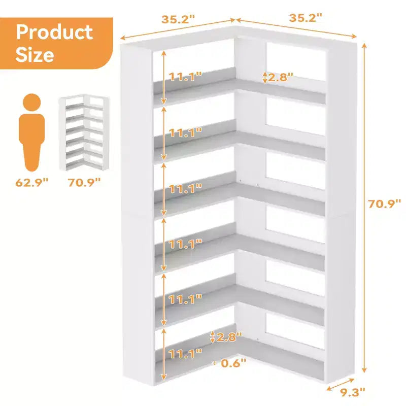 71 Tall Farmhouse 6-Tier L-Shaped Corner Bookshelf, Wooden Modern Bookcase with Open Storage for Living Room & Office