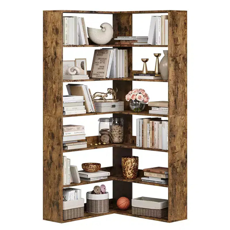 71 Tall Farmhouse 6-Tier L-Shaped Corner Bookshelf, Wooden Modern Bookcase with Open Storage for Living Room & Office