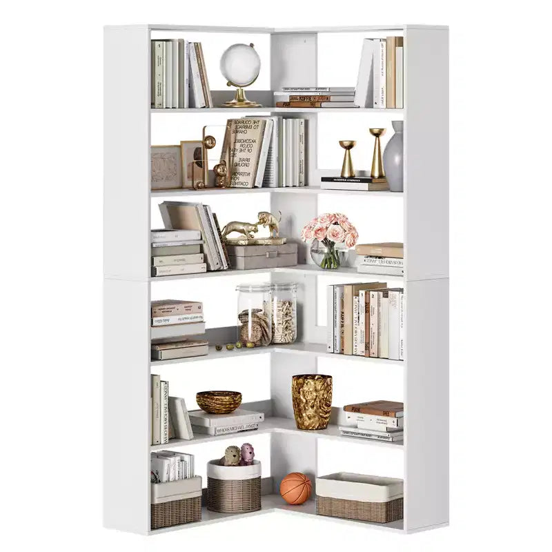 71 Tall Farmhouse 6-Tier L-Shaped Corner Bookshelf, Wooden Modern Bookcase with Open Storage for Living Room & Office