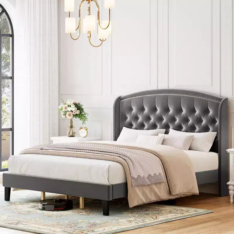 Bed Frame, Full Size Bed - Velvet Upholstered Platform with Wingback Headboard, Button Tufted, No Box Spring Needed (Grey)