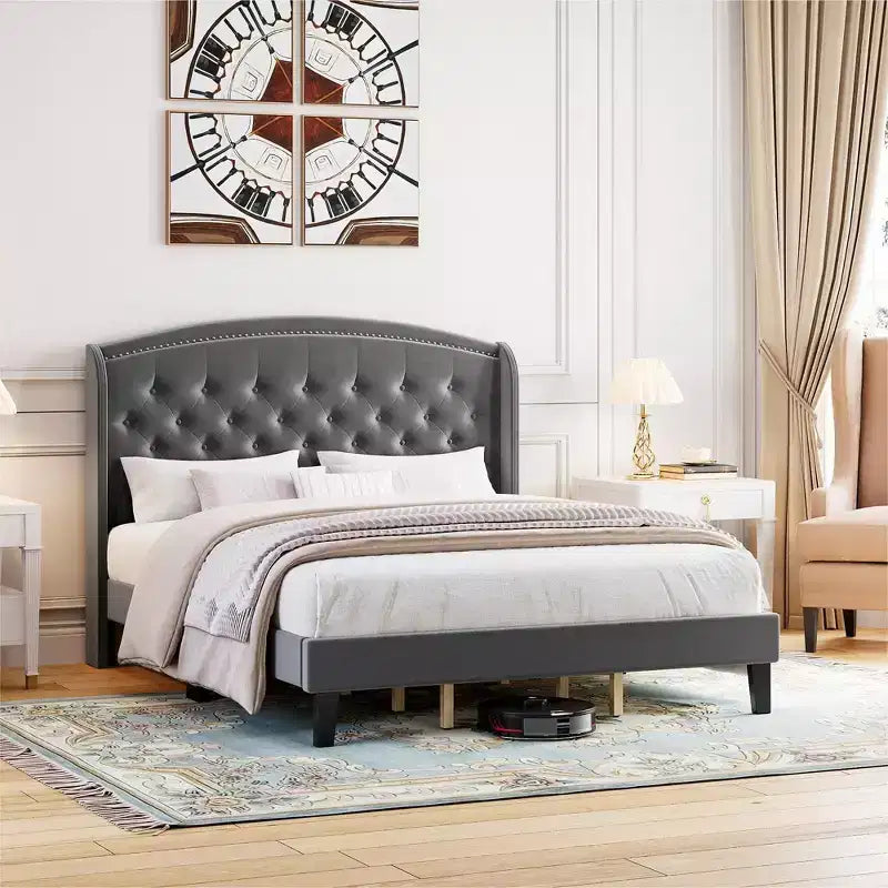 Bed Frame, Full Size Bed - Velvet Upholstered Platform with Wingback Headboard, Button Tufted, No Box Spring Needed (Grey)