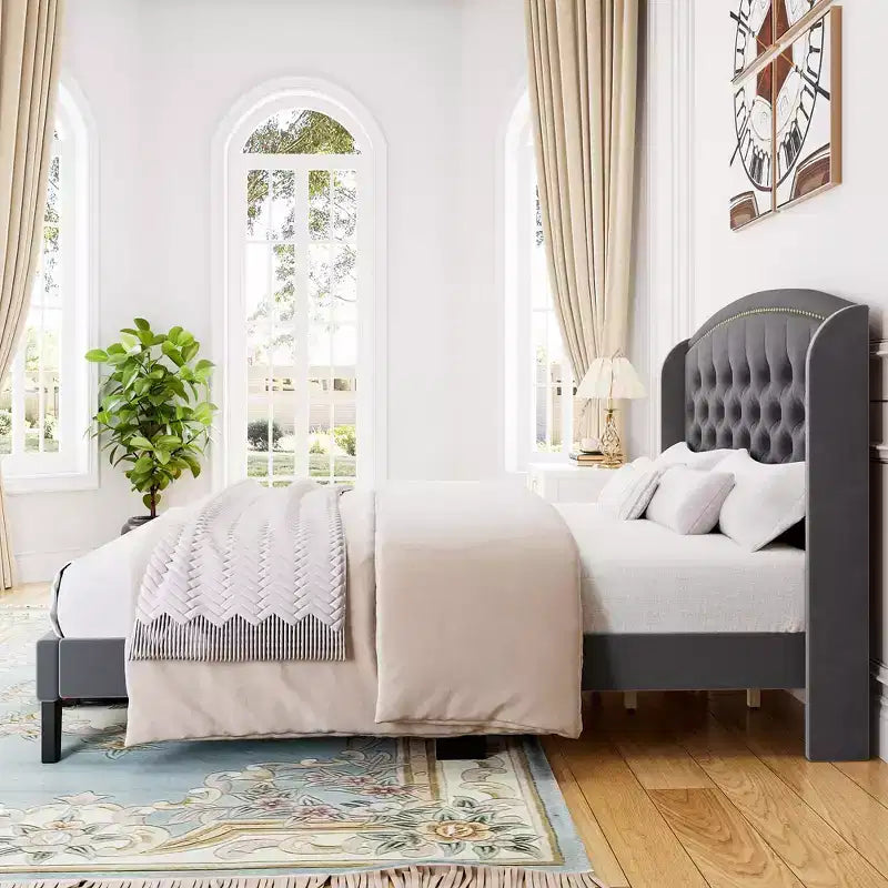Bed Frame, Full Size Bed - Velvet Upholstered Platform with Wingback Headboard, Button Tufted, No Box Spring Needed (Grey)