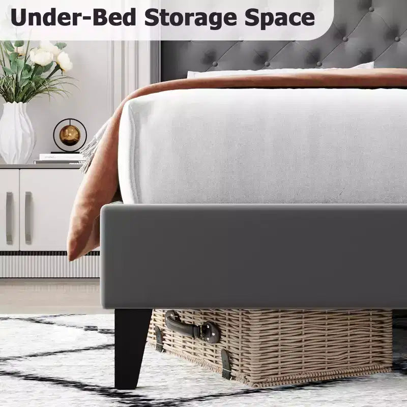 Bed Frame, Full Size Bed - Velvet Upholstered Platform with Wingback Headboard, Button Tufted, No Box Spring Needed (Grey)