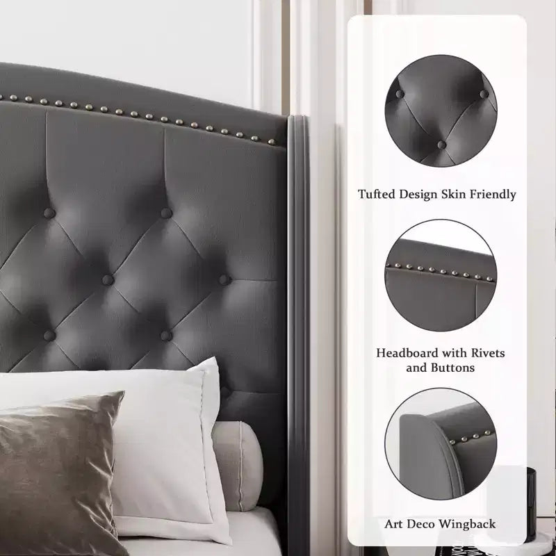 Bed Frame, Full Size Bed - Velvet Upholstered Platform with Wingback Headboard, Button Tufted, No Box Spring Needed (Grey)